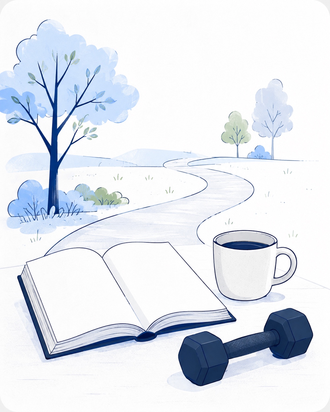 Illustration of an open book, coffee, a dumbbell, and a walking path through a quiet park